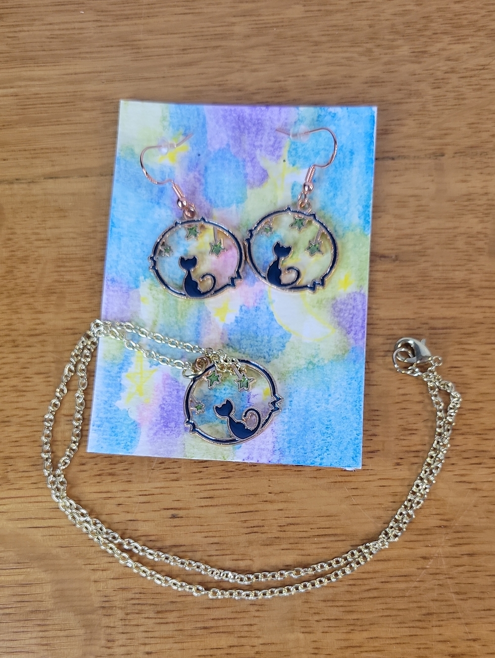 Starlit Kitty Handmade Necklace & Earrings Set With Watercolor ACEO(2½X3½) Art.